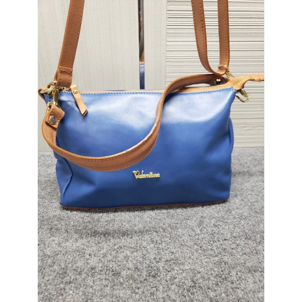 Valentina Women Handbag Blue Brown Zip Detachable Strap Lined‎ Inner Pocket City